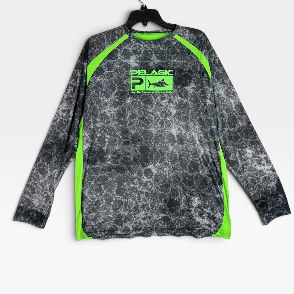 Pelagic VaporTek Fishing Shirt Mens Large Gray Neon Green Long Sleeve Excellent